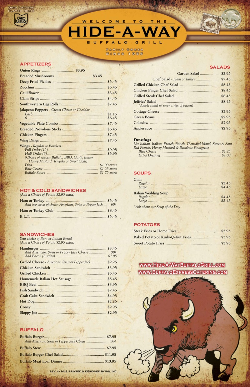 Menu Hide A Way Buffalo Grill